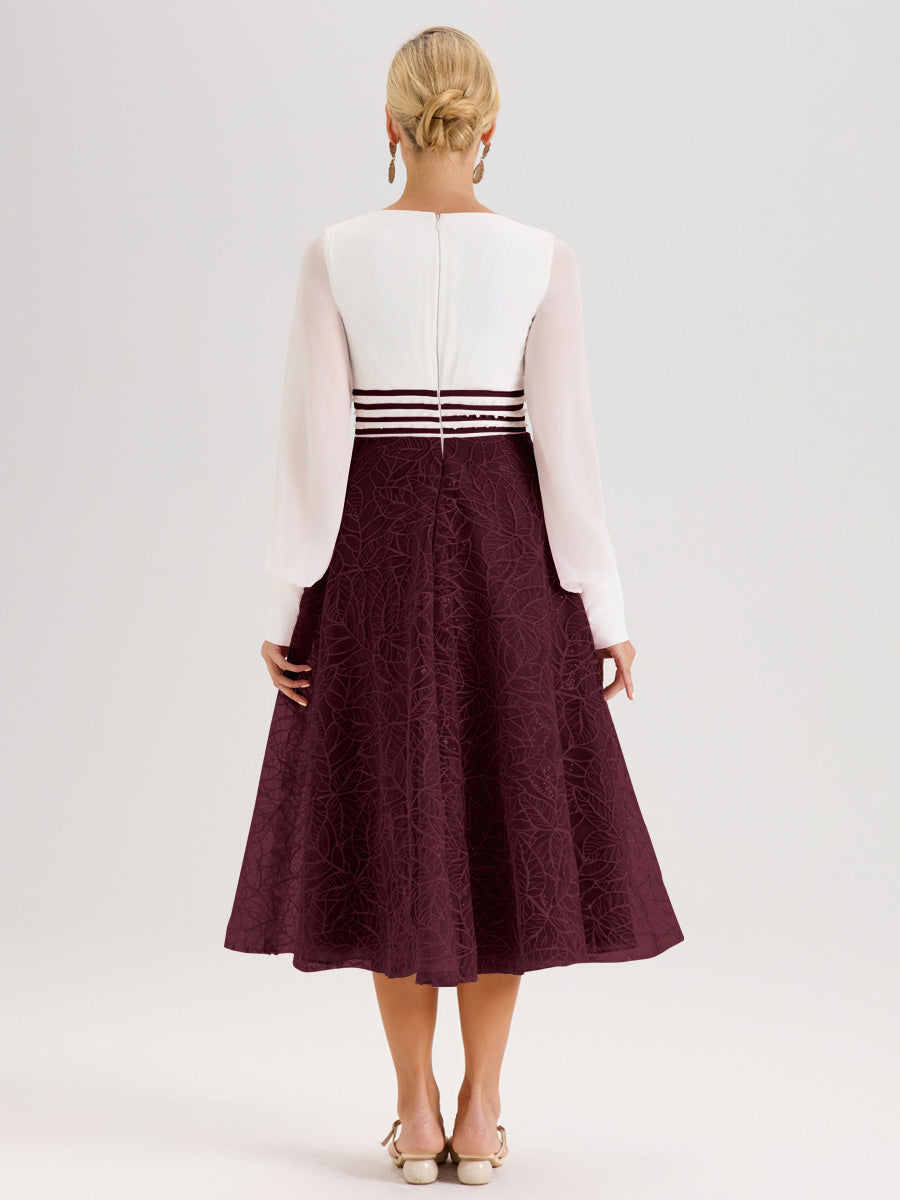 Cicinia Cabernet Robe Tendance Mère De La Mariée Col Ras Du Cou Manches Longues À Contraste En Mousseline Et Dentelle Longueur Mi-Mollet