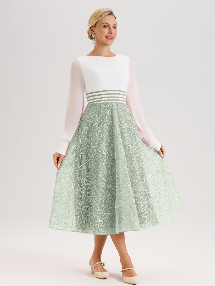 Cicinia Celadon Robe Tendance Mère De La Mariée Col Ras Du Cou Manches Longues À Contraste En Mousseline Et Dentelle Longueur Mi-Mollet