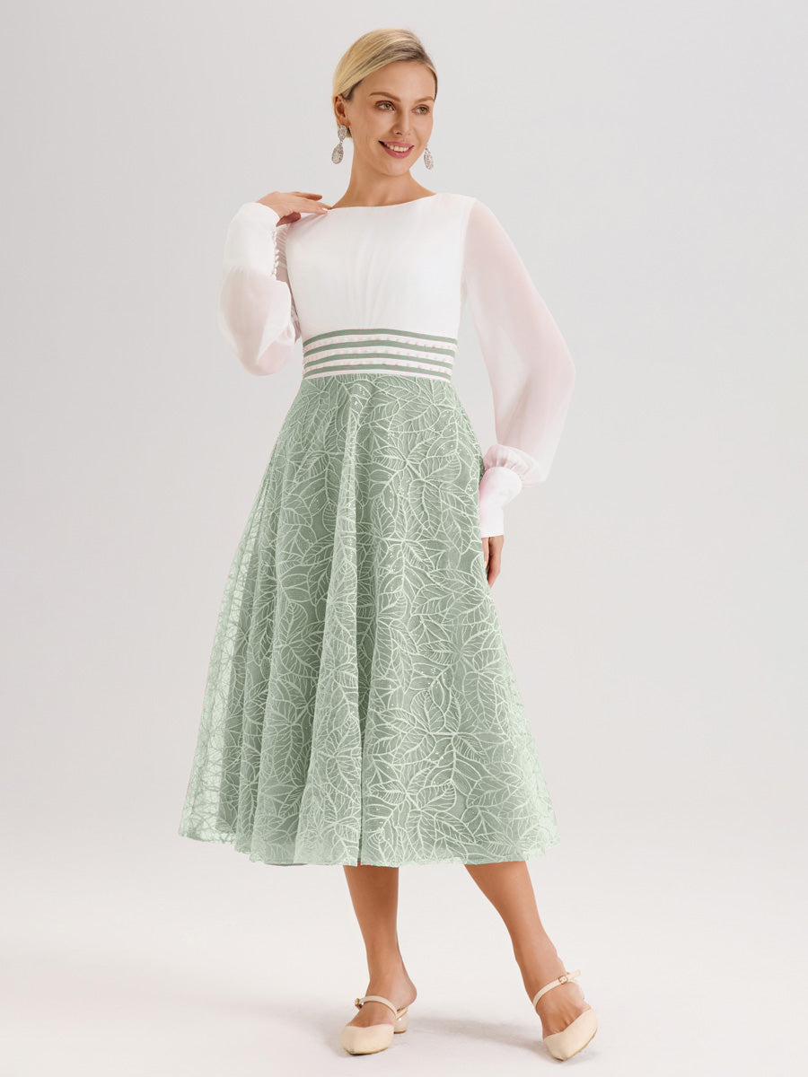 Cicinia Celadon Robe Tendance Mère De La Mariée Col Ras Du Cou Manches Longues À Contraste En Mousseline Et Dentelle Longueur Mi-Mollet