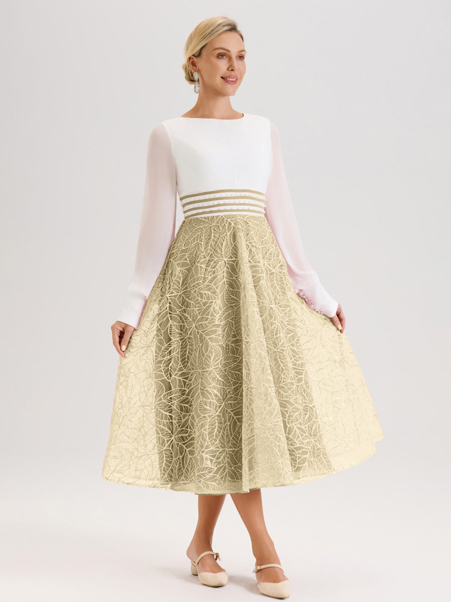Cicinia Champagne Robe Tendance Mère De La Mariée Col Ras Du Cou Manches Longues À Contraste En Mousseline Et Dentelle Longueur Mi-Mollet