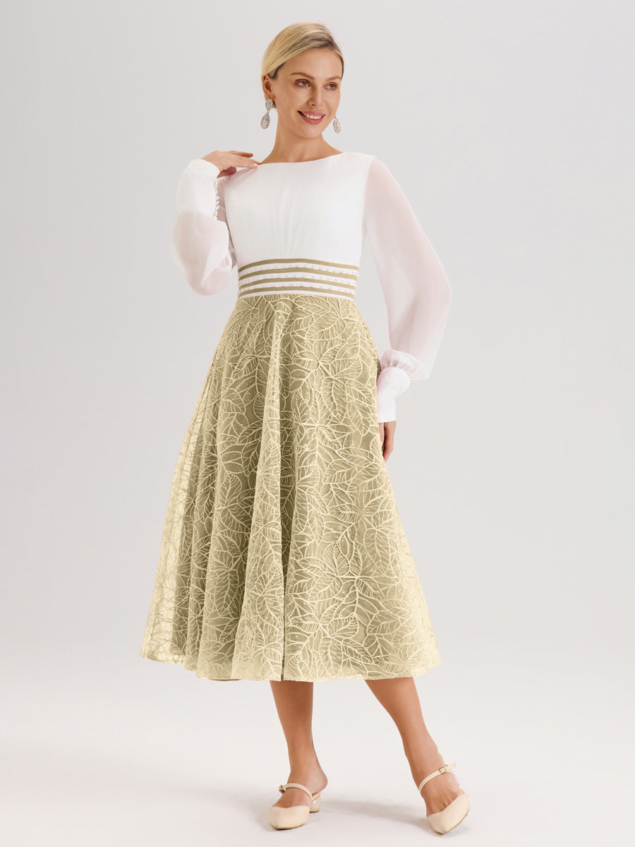 Cicinia Champagne Robe Tendance Mère De La Mariée Col Ras Du Cou Manches Longues À Contraste En Mousseline Et Dentelle Longueur Mi-Mollet