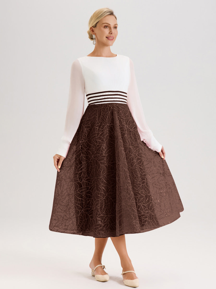 Cicinia Chocolat Robe Tendance Mère De La Mariée Col Ras Du Cou Manches Longues À Contraste En Mousseline Et Dentelle Longueur Mi-Mollet