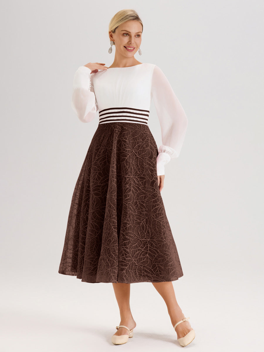 Cicinia Chocolat Robe Tendance Mère De La Mariée Col Ras Du Cou Manches Longues À Contraste En Mousseline Et Dentelle Longueur Mi-Mollet