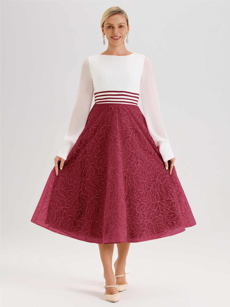 Cicinia Rose Cannelle Robe Tendance Mère De La Mariée Col Ras Du Cou Manches Longues À Contraste En Mousseline Et Dentelle Longueur Mi-Mollet