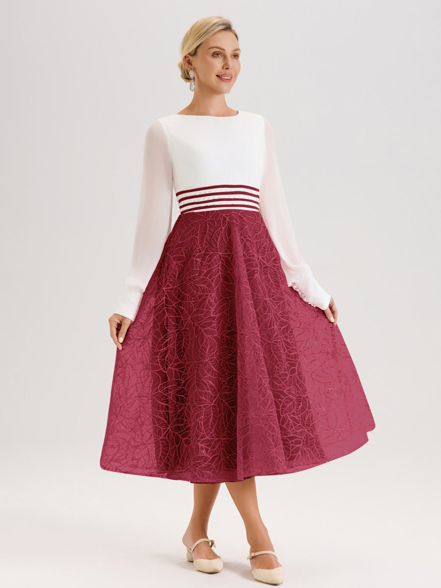 Cicinia Rose Cannelle Robe Tendance Mère De La Mariée Col Ras Du Cou Manches Longues À Contraste En Mousseline Et Dentelle Longueur Mi-Mollet