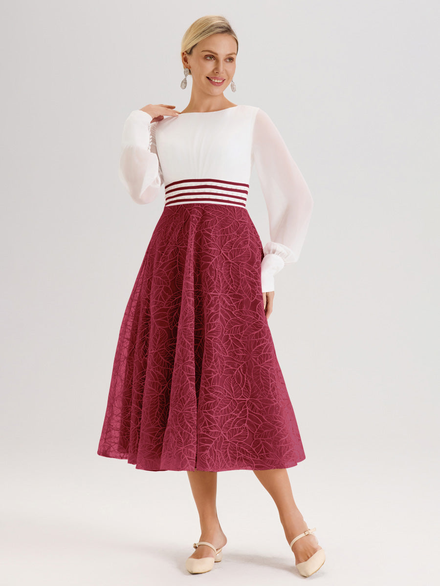 Cicinia Rose Cannelle Robe Tendance Mère De La Mariée Col Ras Du Cou Manches Longues À Contraste En Mousseline Et Dentelle Longueur Mi-Mollet