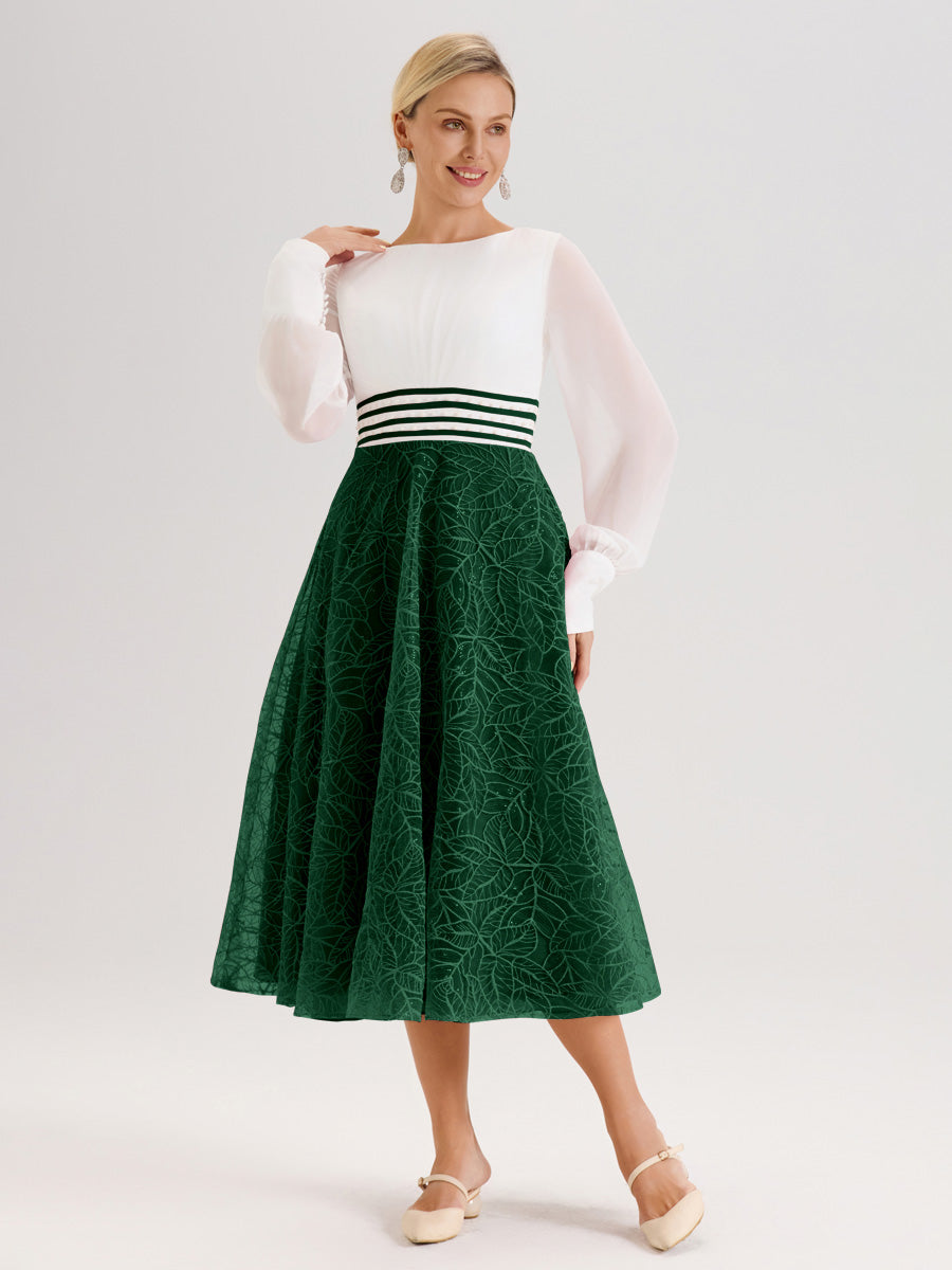 Cicinia Vert Foncé Robe Tendance Mère De La Mariée Col Ras Du Cou Manches Longues À Contraste En Mousseline Et Dentelle Longueur Mi-Mollet