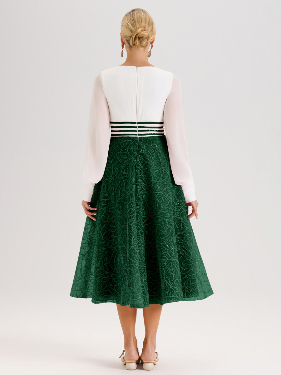 Cicinia Vert Foncé Robe Tendance Mère De La Mariée Col Ras Du Cou Manches Longues À Contraste En Mousseline Et Dentelle Longueur Mi-Mollet