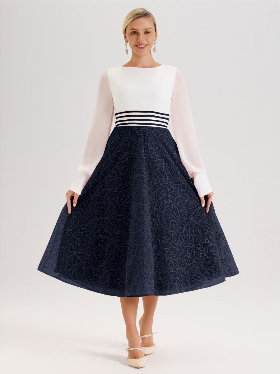 Cicinia Bleu Marine Robe Tendance Mère De La Mariée Col Ras Du Cou Manches Longues À Contraste En Mousseline Et Dentelle Longueur Mi-Mollet
