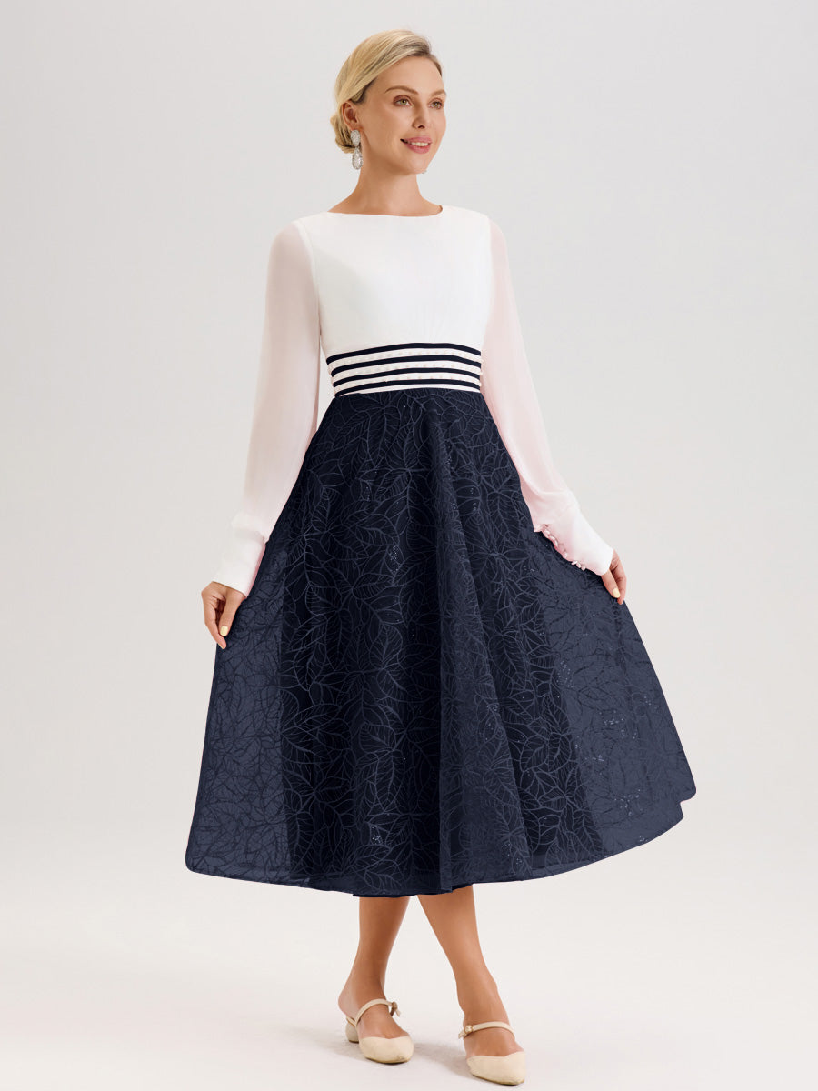 Cicinia Bleu Marine Robe Tendance Mère De La Mariée Col Ras Du Cou Manches Longues À Contraste En Mousseline Et Dentelle Longueur Mi-Mollet