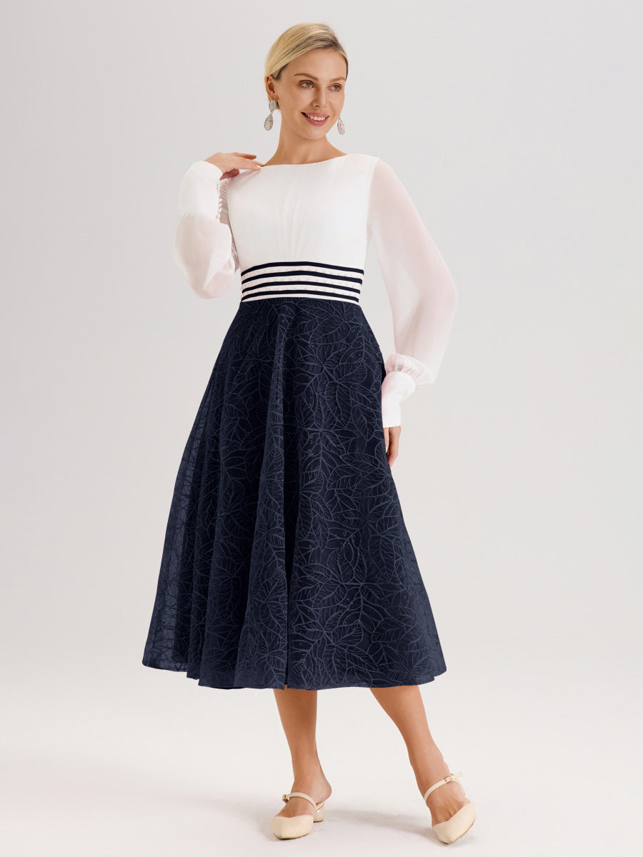 Cicinia Bleu Marine Robe Tendance Mère De La Mariée Col Ras Du Cou Manches Longues À Contraste En Mousseline Et Dentelle Longueur Mi-Mollet