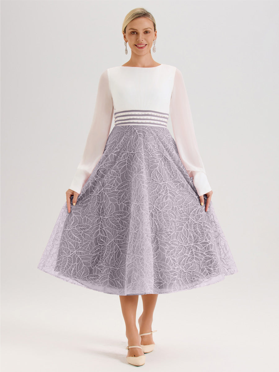 Cicinia Crépuscule Robe Tendance Mère De La Mariée Col Ras Du Cou Manches Longues À Contraste En Mousseline Et Dentelle Longueur Mi-Mollet