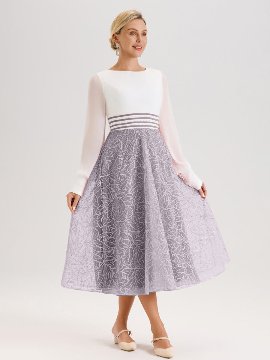 Cicinia Crépuscule Robe Tendance Mère De La Mariée Col Ras Du Cou Manches Longues À Contraste En Mousseline Et Dentelle Longueur Mi-Mollet