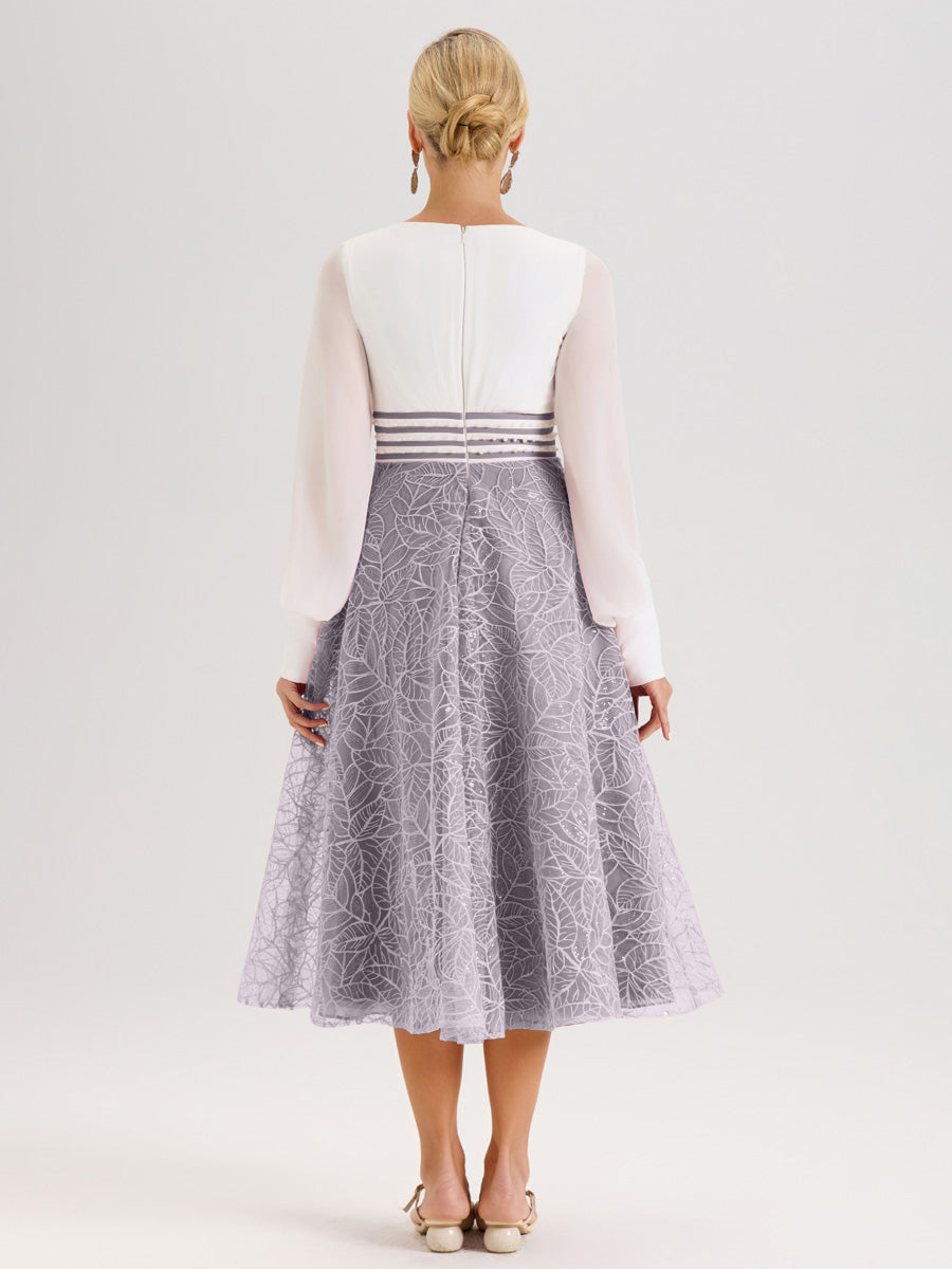 Cicinia Crépuscule Robe Tendance Mère De La Mariée Col Ras Du Cou Manches Longues À Contraste En Mousseline Et Dentelle Longueur Mi-Mollet