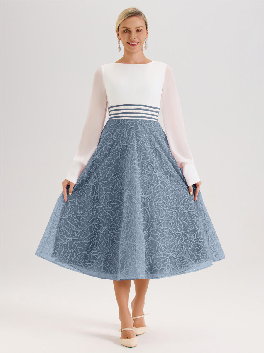 Cicinia Bleu Poudré Robe Tendance Mère De La Mariée Col Ras Du Cou Manches Longues À Contraste En Mousseline Et Dentelle Longueur Mi-Mollet