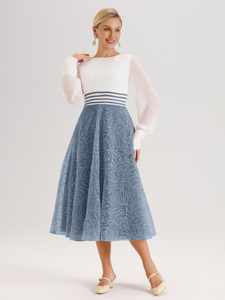 Cicinia Bleu Poudré Robe Tendance Mère De La Mariée Col Ras Du Cou Manches Longues À Contraste En Mousseline Et Dentelle Longueur Mi-Mollet