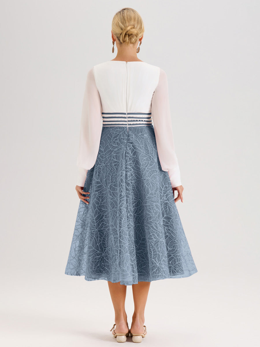 Cicinia Bleu Poudré Robe Tendance Mère De La Mariée Col Ras Du Cou Manches Longues À Contraste En Mousseline Et Dentelle Longueur Mi-Mollet