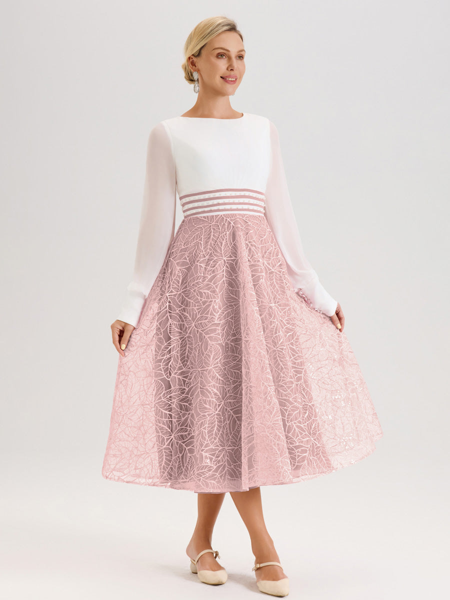Cicinia Rose Poudré Robe Tendance Mère De La Mariée Col Ras Du Cou Manches Longues À Contraste En Mousseline Et Dentelle Longueur Mi-Mollet