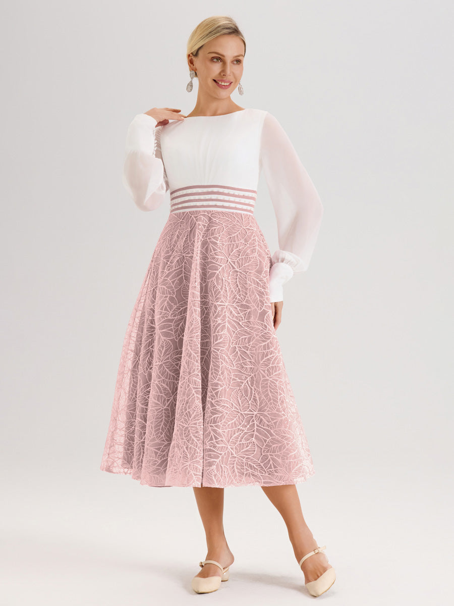 Cicinia Rose Poudré Robe Tendance Mère De La Mariée Col Ras Du Cou Manches Longues À Contraste En Mousseline Et Dentelle Longueur Mi-Mollet