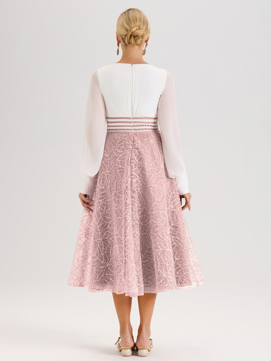 Cicinia Rose Poudré Robe Tendance Mère De La Mariée Col Ras Du Cou Manches Longues À Contraste En Mousseline Et Dentelle Longueur Mi-Mollet