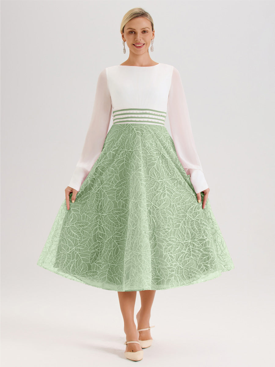 Cicinia Sauge Poudrée Robe Tendance Mère De La Mariée Col Ras Du Cou Manches Longues À Contraste En Mousseline Et Dentelle Longueur Mi-Mollet