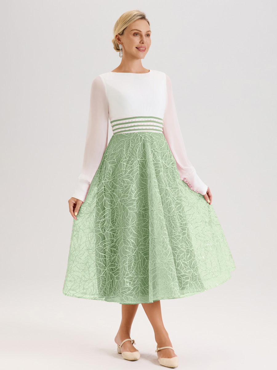 Cicinia Sauge Poudrée Robe Tendance Mère De La Mariée Col Ras Du Cou Manches Longues À Contraste En Mousseline Et Dentelle Longueur Mi-Mollet