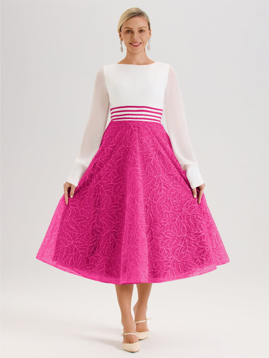 Cicinia Fuchsia Robe Tendance Mère De La Mariée Col Ras Du Cou Manches Longues À Contraste En Mousseline Et Dentelle Longueur Mi-Mollet