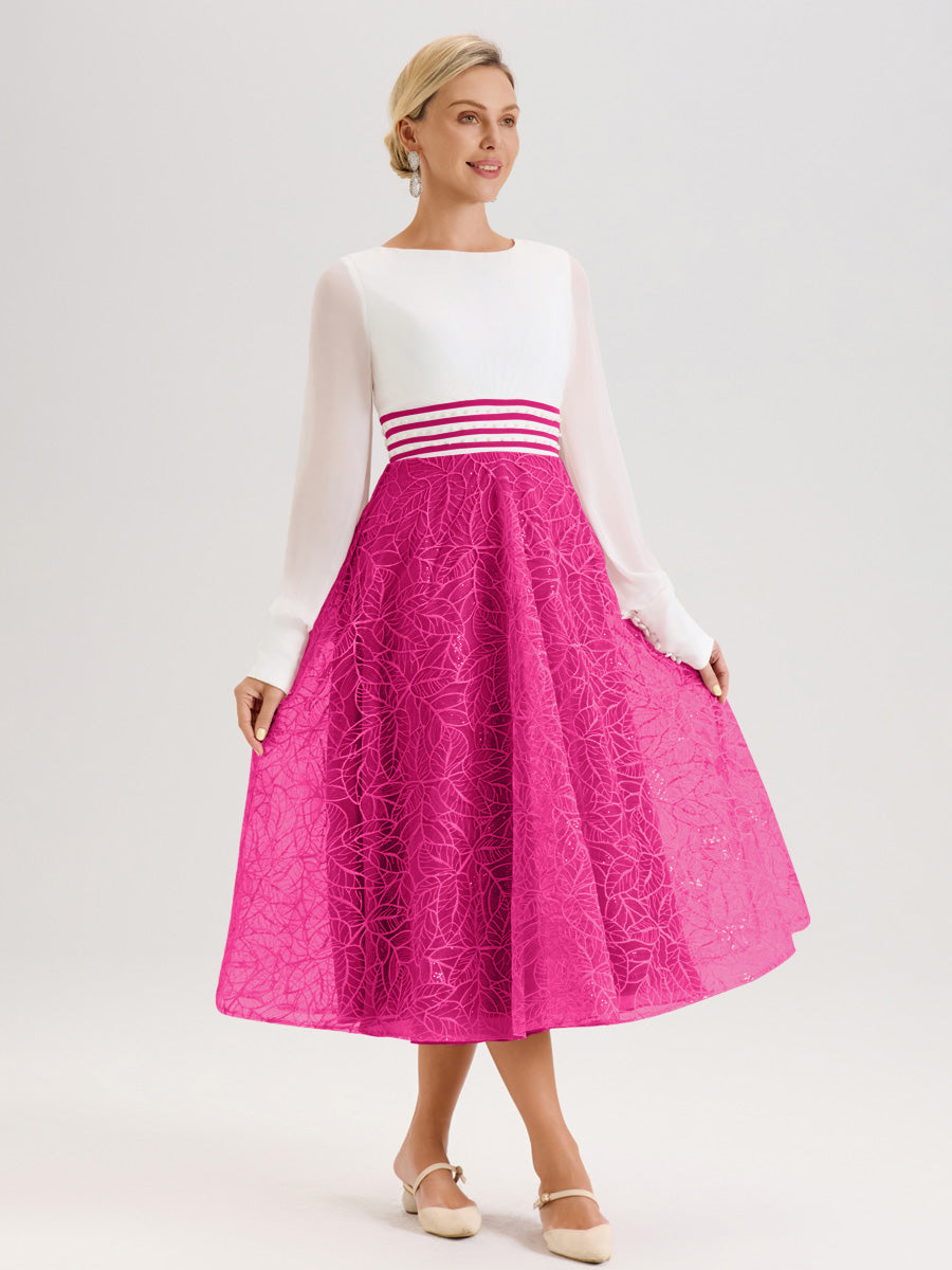 Cicinia Fuchsia Robe Tendance Mère De La Mariée Col Ras Du Cou Manches Longues À Contraste En Mousseline Et Dentelle Longueur Mi-Mollet
