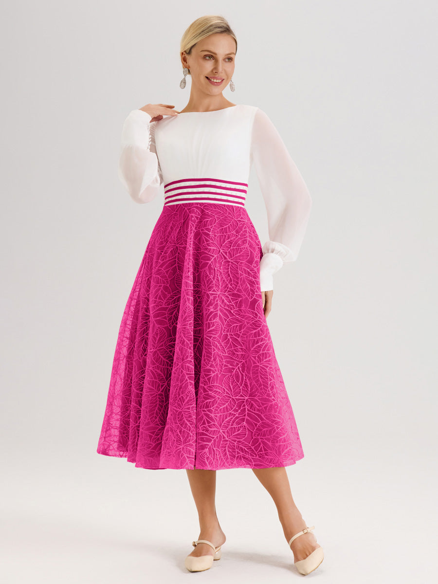 Cicinia Fuchsia Robe Tendance Mère De La Mariée Col Ras Du Cou Manches Longues À Contraste En Mousseline Et Dentelle Longueur Mi-Mollet