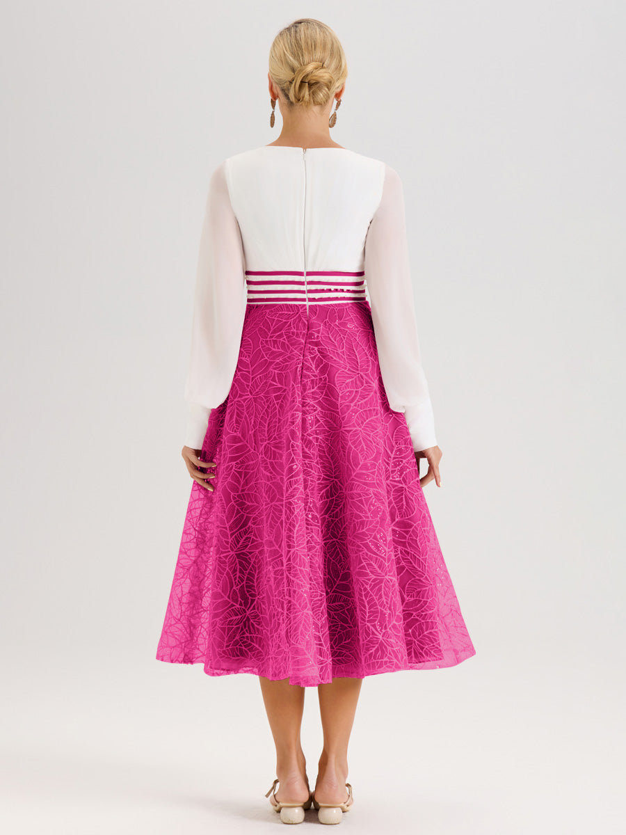 Cicinia Fuchsia Robe Tendance Mère De La Mariée Col Ras Du Cou Manches Longues À Contraste En Mousseline Et Dentelle Longueur Mi-Mollet