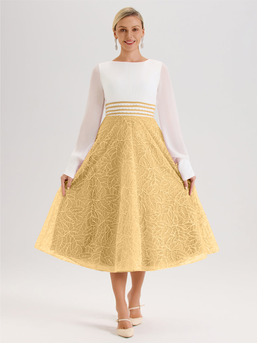 Cicinia Or Robe Tendance Mère De La Mariée Col Ras Du Cou Manches Longues À Contraste En Mousseline Et Dentelle Longueur Mi-Mollet