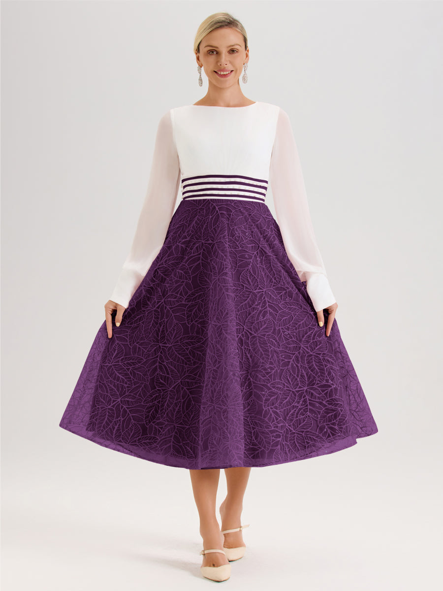 Cicinia Raisin Robe Tendance Mère De La Mariée Col Ras Du Cou Manches Longues À Contraste En Mousseline Et Dentelle Longueur Mi-Mollet