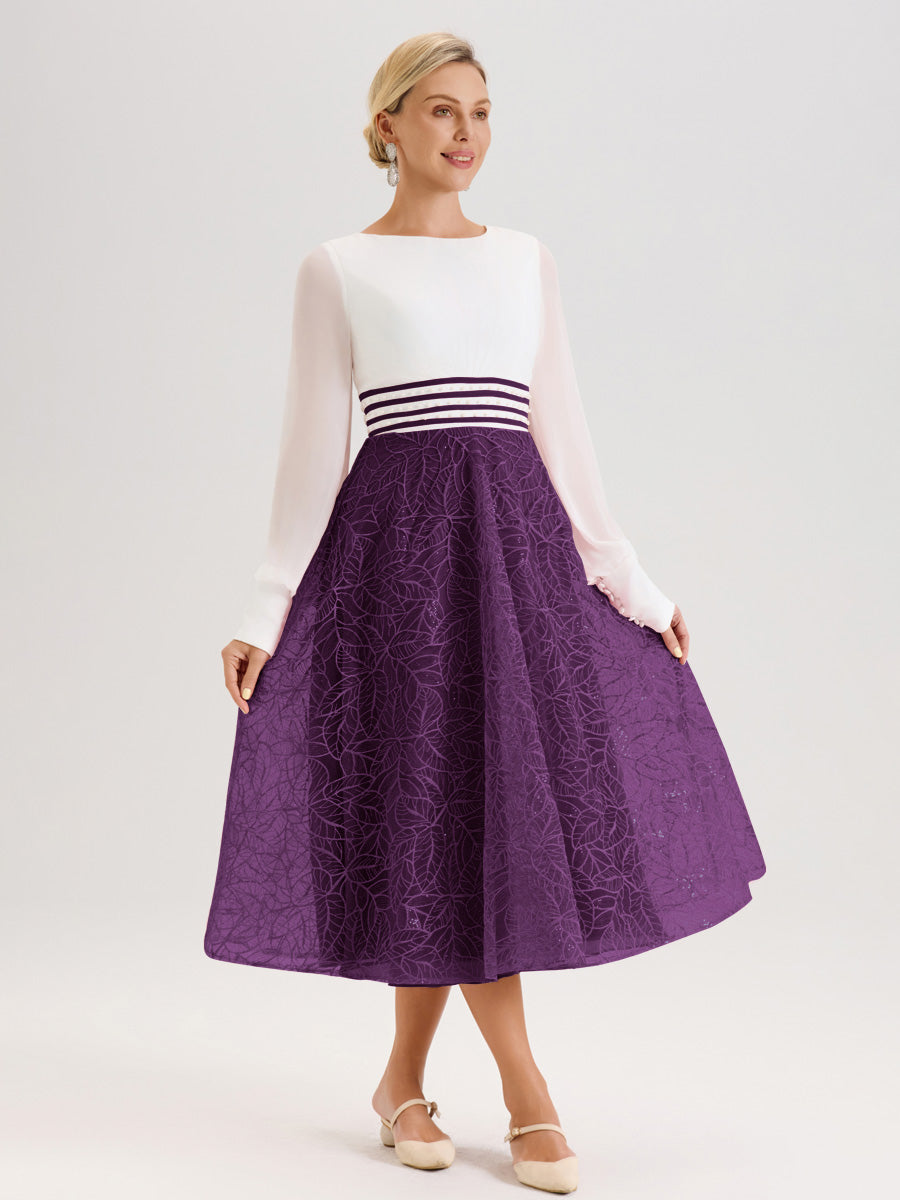 Cicinia Raisin Robe Tendance Mère De La Mariée Col Ras Du Cou Manches Longues À Contraste En Mousseline Et Dentelle Longueur Mi-Mollet