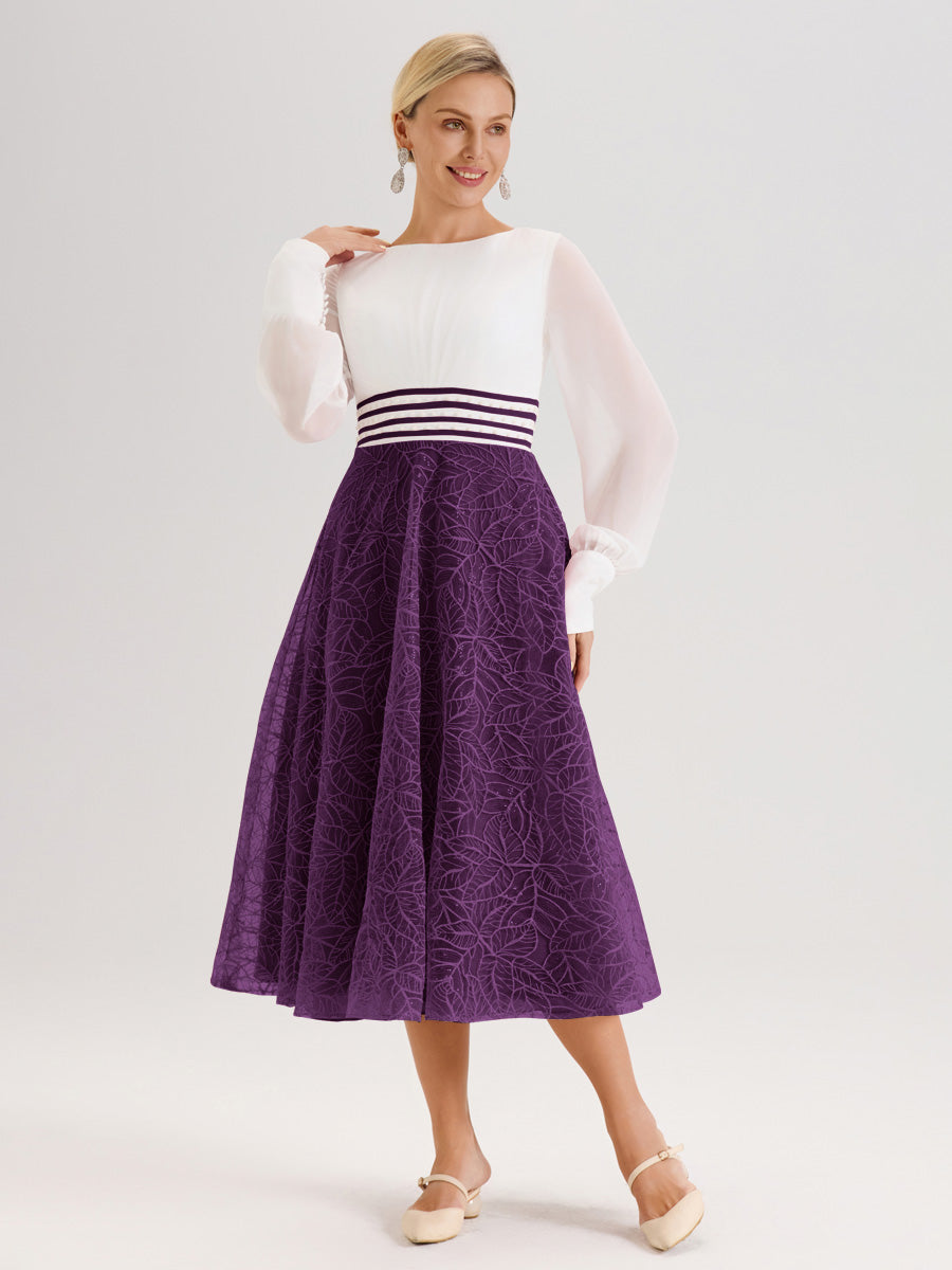 Cicinia Raisin Robe Tendance Mère De La Mariée Col Ras Du Cou Manches Longues À Contraste En Mousseline Et Dentelle Longueur Mi-Mollet