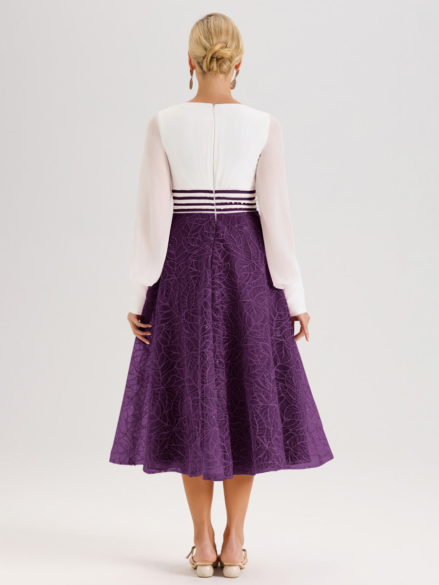 Cicinia Raisin Robe Tendance Mère De La Mariée Col Ras Du Cou Manches Longues À Contraste En Mousseline Et Dentelle Longueur Mi-Mollet