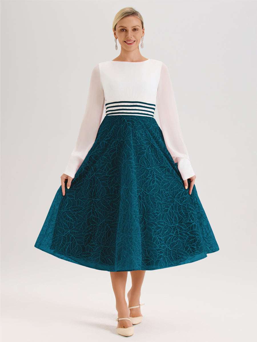 Cicinia Bleu Encre Robe Tendance Mère De La Mariée Col Ras Du Cou Manches Longues À Contraste En Mousseline Et Dentelle Longueur Mi-Mollet