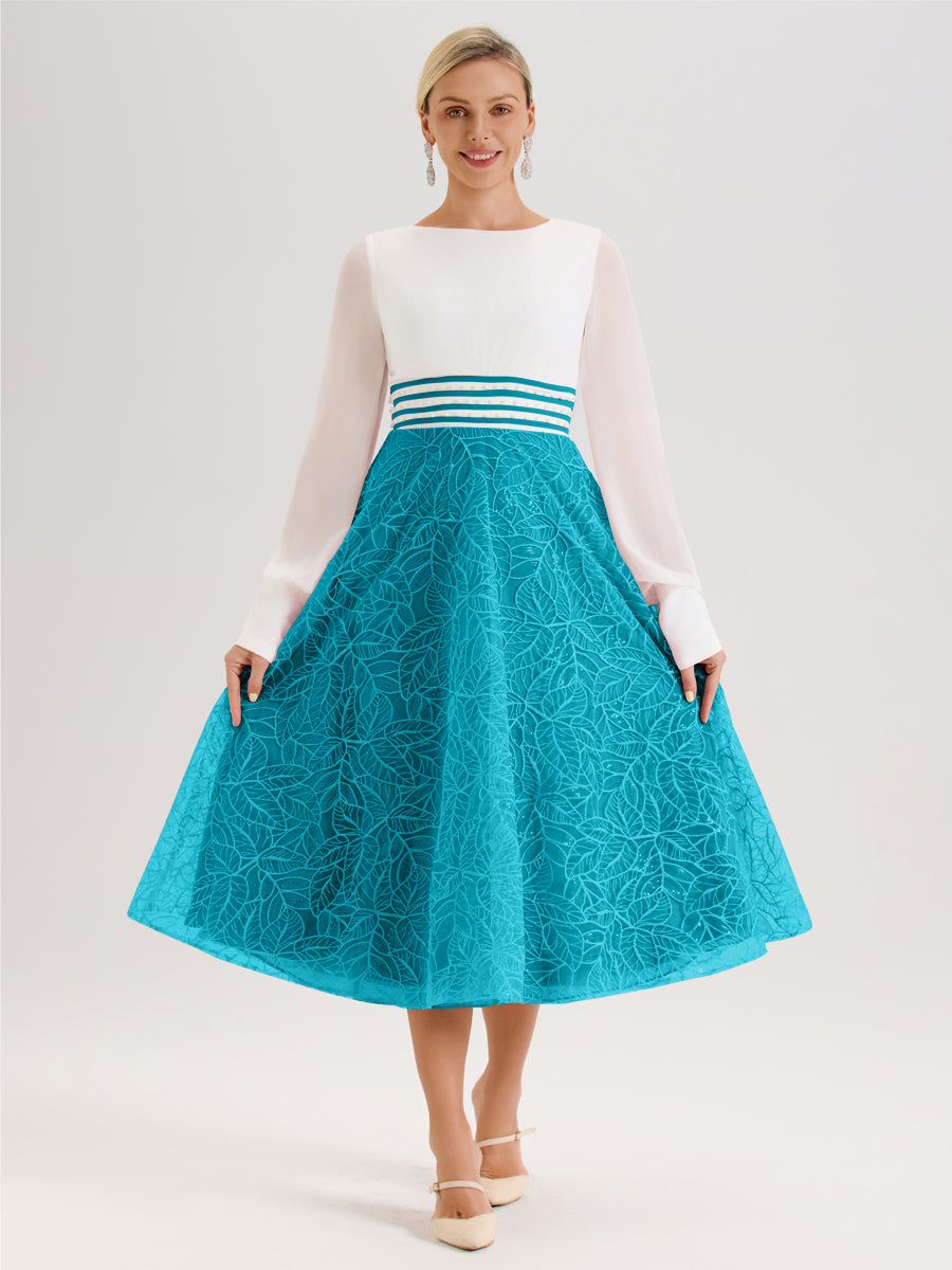 Cicinia Jade Robe Tendance Mère De La Mariée Col Ras Du Cou Manches Longues À Contraste En Mousseline Et Dentelle Longueur Mi-Mollet