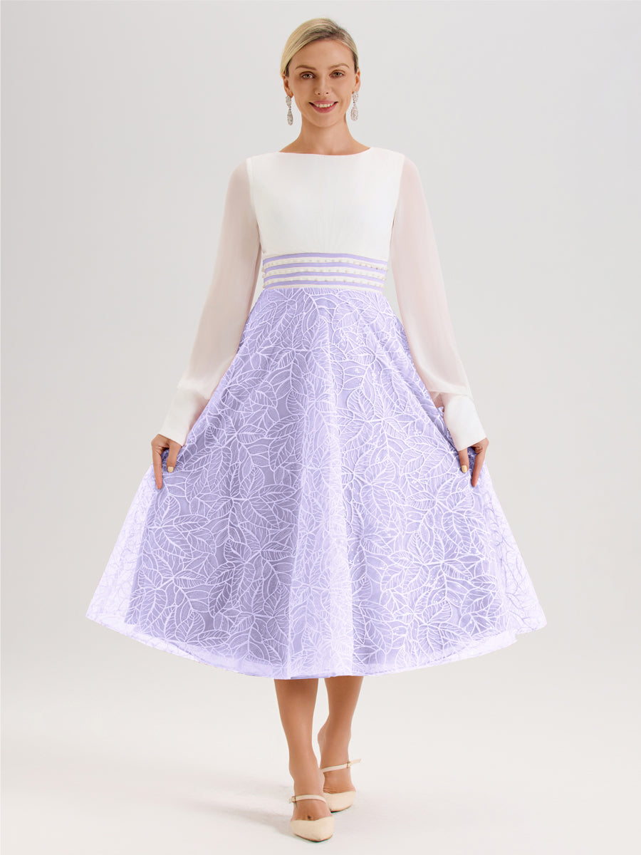 Cicinia Lilas Robe Tendance Mère De La Mariée Col Ras Du Cou Manches Longues À Contraste En Mousseline Et Dentelle Longueur Mi-Mollet