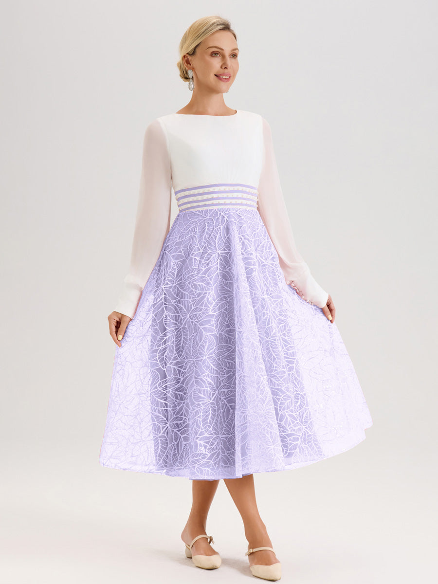 Cicinia Lilas Robe Tendance Mère De La Mariée Col Ras Du Cou Manches Longues À Contraste En Mousseline Et Dentelle Longueur Mi-Mollet