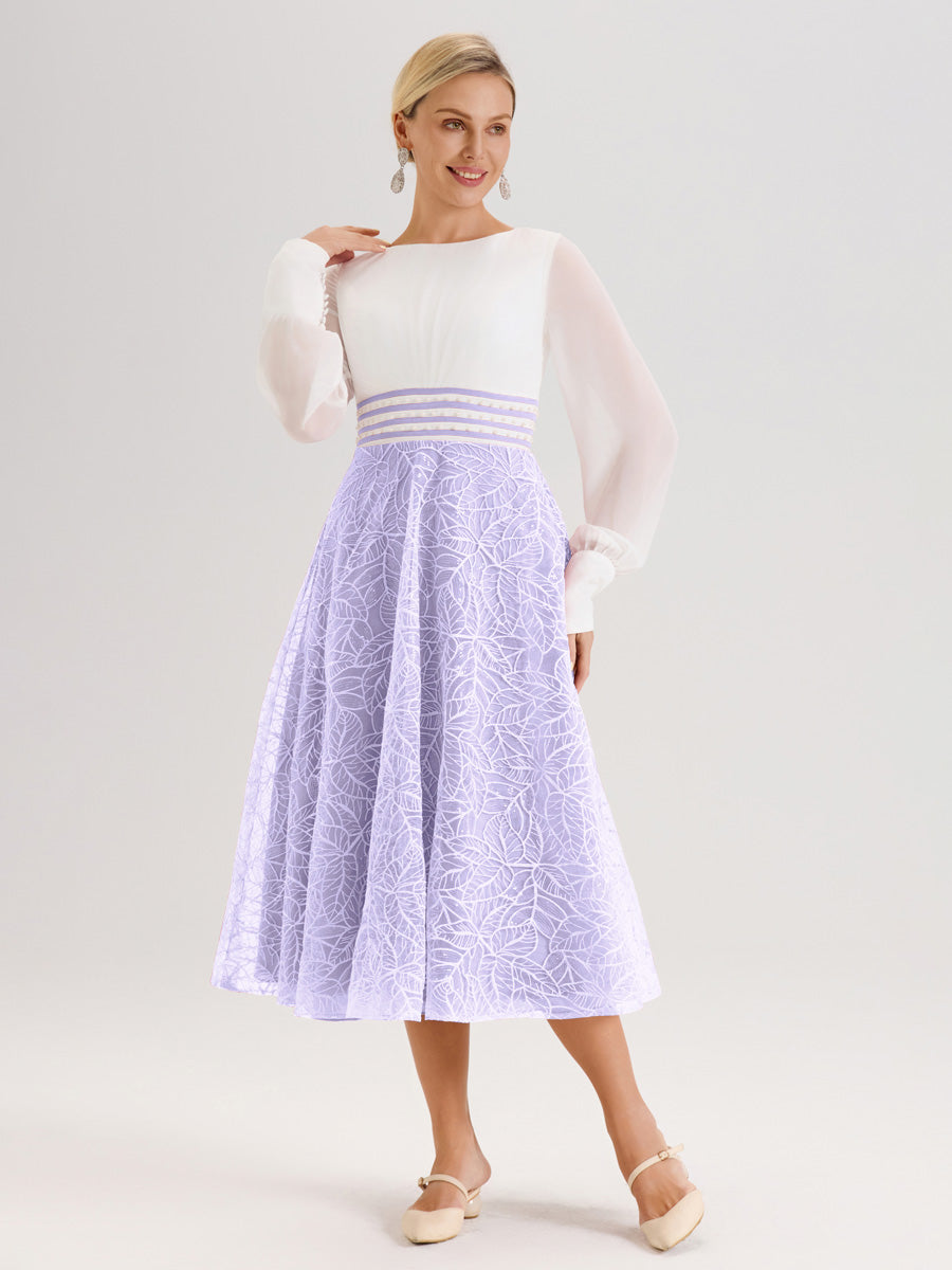 Cicinia Lilas Robe Tendance Mère De La Mariée Col Ras Du Cou Manches Longues À Contraste En Mousseline Et Dentelle Longueur Mi-Mollet