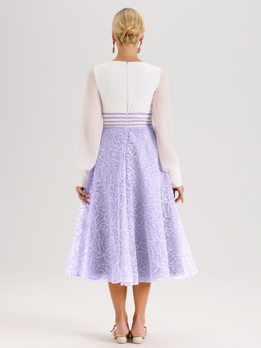 Cicinia Lilas Robe Tendance Mère De La Mariée Col Ras Du Cou Manches Longues À Contraste En Mousseline Et Dentelle Longueur Mi-Mollet