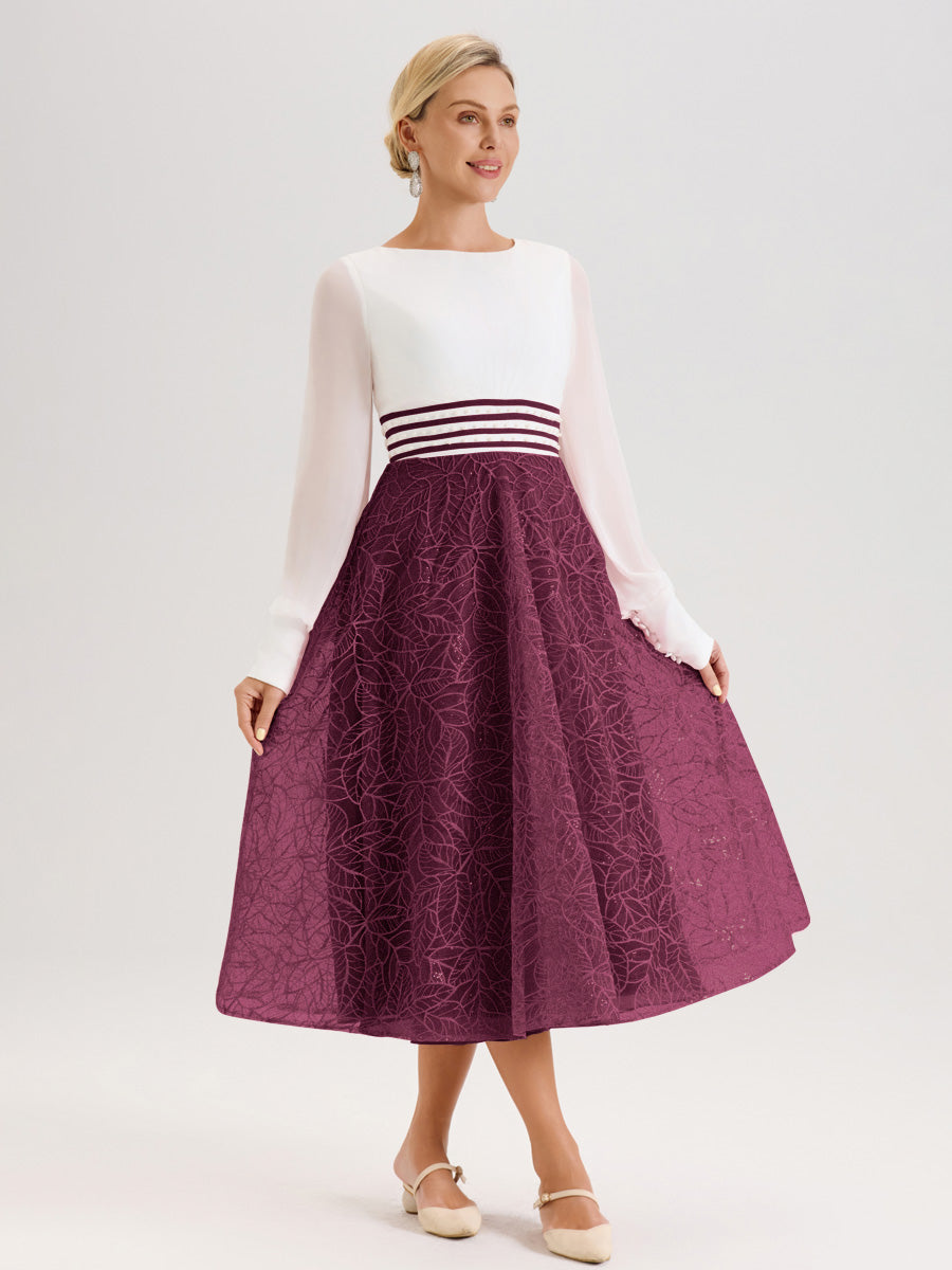 Cicinia Mûre Robe Tendance Mère De La Mariée Col Ras Du Cou Manches Longues À Contraste En Mousseline Et Dentelle Longueur Mi-Mollet
