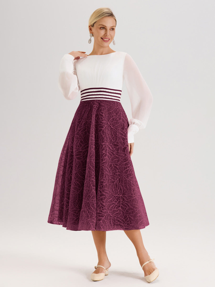 Cicinia Mûre Robe Tendance Mère De La Mariée Col Ras Du Cou Manches Longues À Contraste En Mousseline Et Dentelle Longueur Mi-Mollet