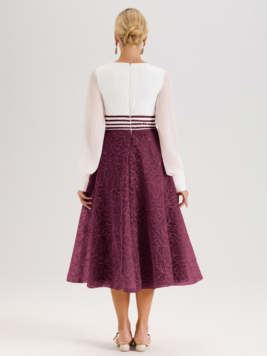Cicinia Mûre Robe Tendance Mère De La Mariée Col Ras Du Cou Manches Longues À Contraste En Mousseline Et Dentelle Longueur Mi-Mollet