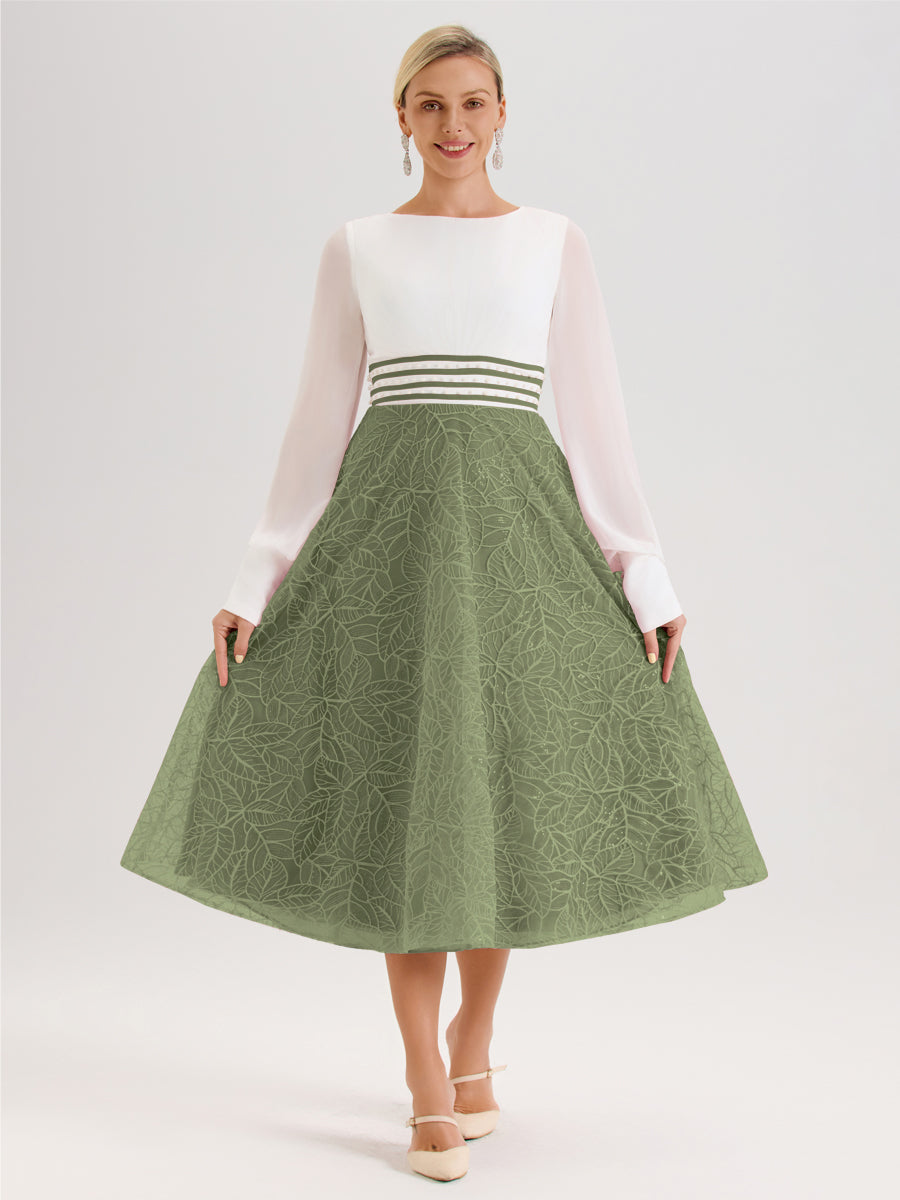 Cicinia Vert Olive Robe Tendance Mère De La Mariée Col Ras Du Cou Manches Longues À Contraste En Mousseline Et Dentelle Longueur Mi-Mollet