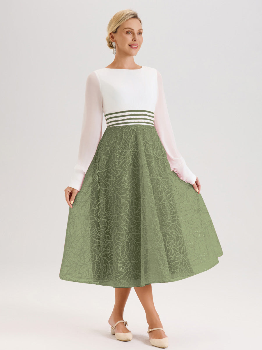 Cicinia Vert Olive Robe Tendance Mère De La Mariée Col Ras Du Cou Manches Longues À Contraste En Mousseline Et Dentelle Longueur Mi-Mollet