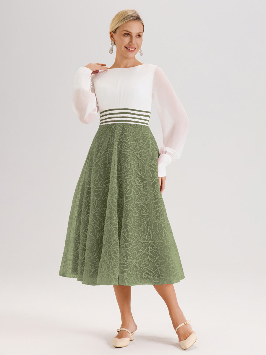 Cicinia Vert Olive Robe Tendance Mère De La Mariée Col Ras Du Cou Manches Longues À Contraste En Mousseline Et Dentelle Longueur Mi-Mollet
