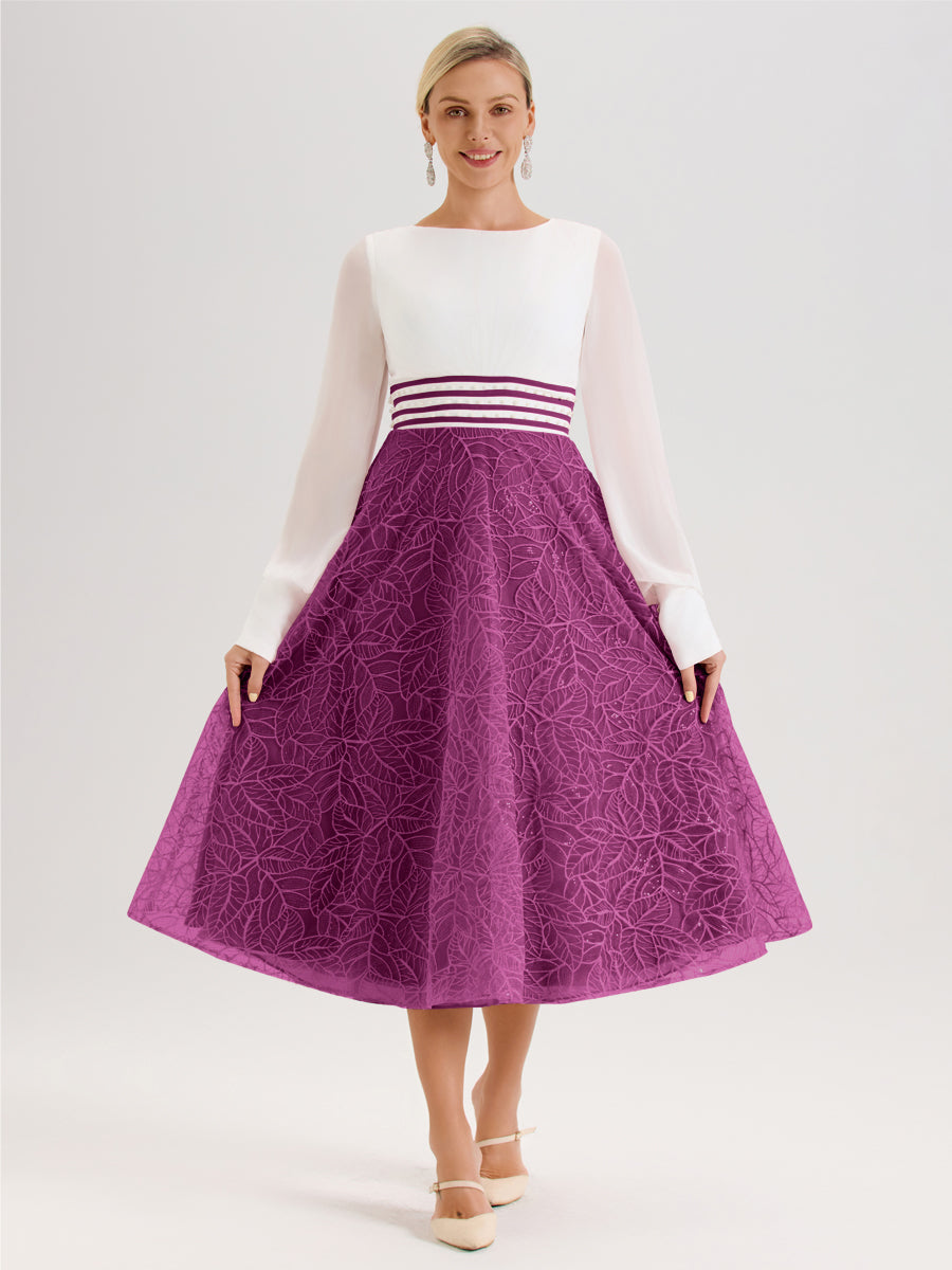 Cicinia Orchidée Robe Tendance Mère De La Mariée Col Ras Du Cou Manches Longues À Contraste En Mousseline Et Dentelle Longueur Mi-Mollet