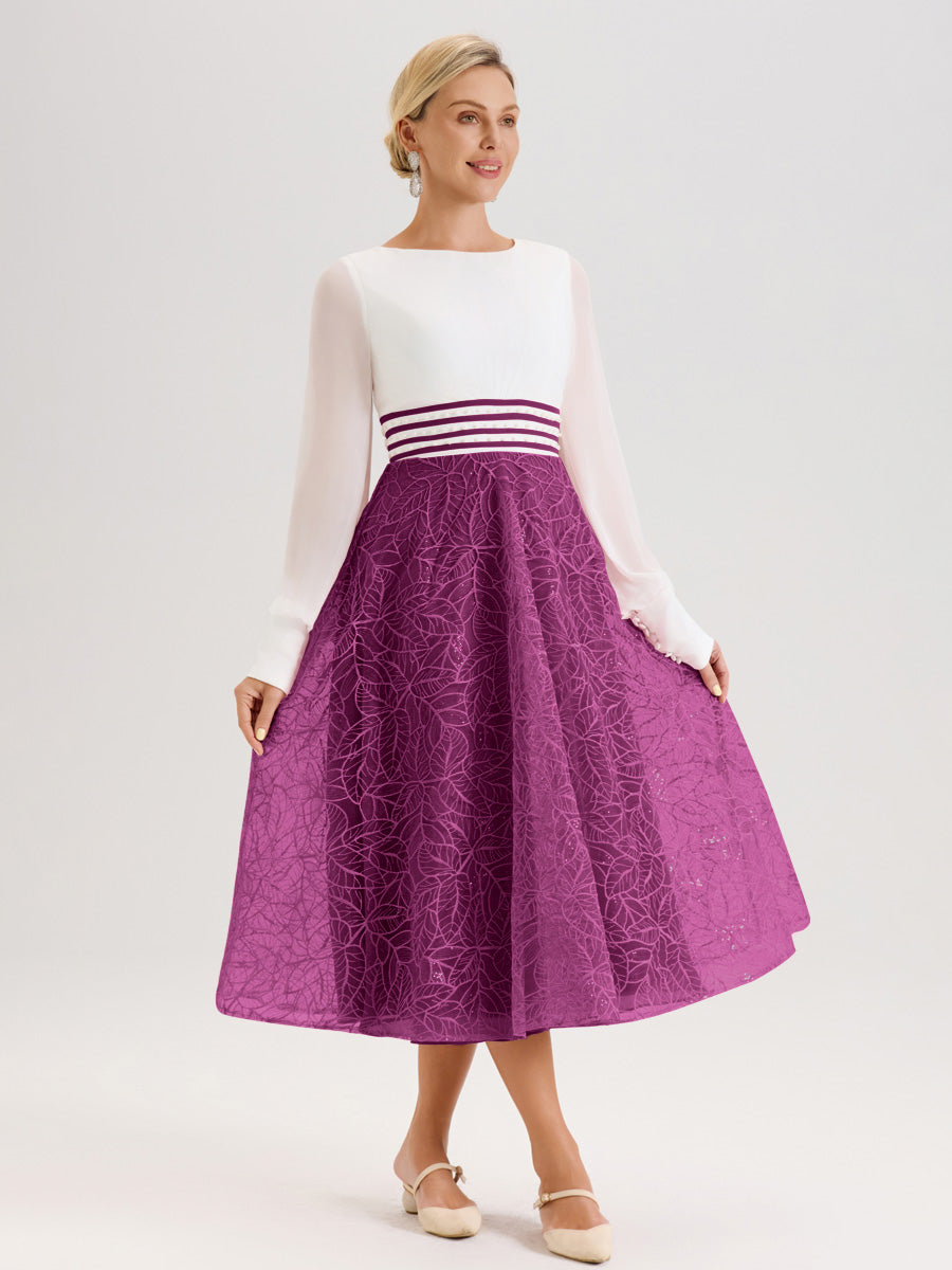 Cicinia Orchidée Robe Tendance Mère De La Mariée Col Ras Du Cou Manches Longues À Contraste En Mousseline Et Dentelle Longueur Mi-Mollet