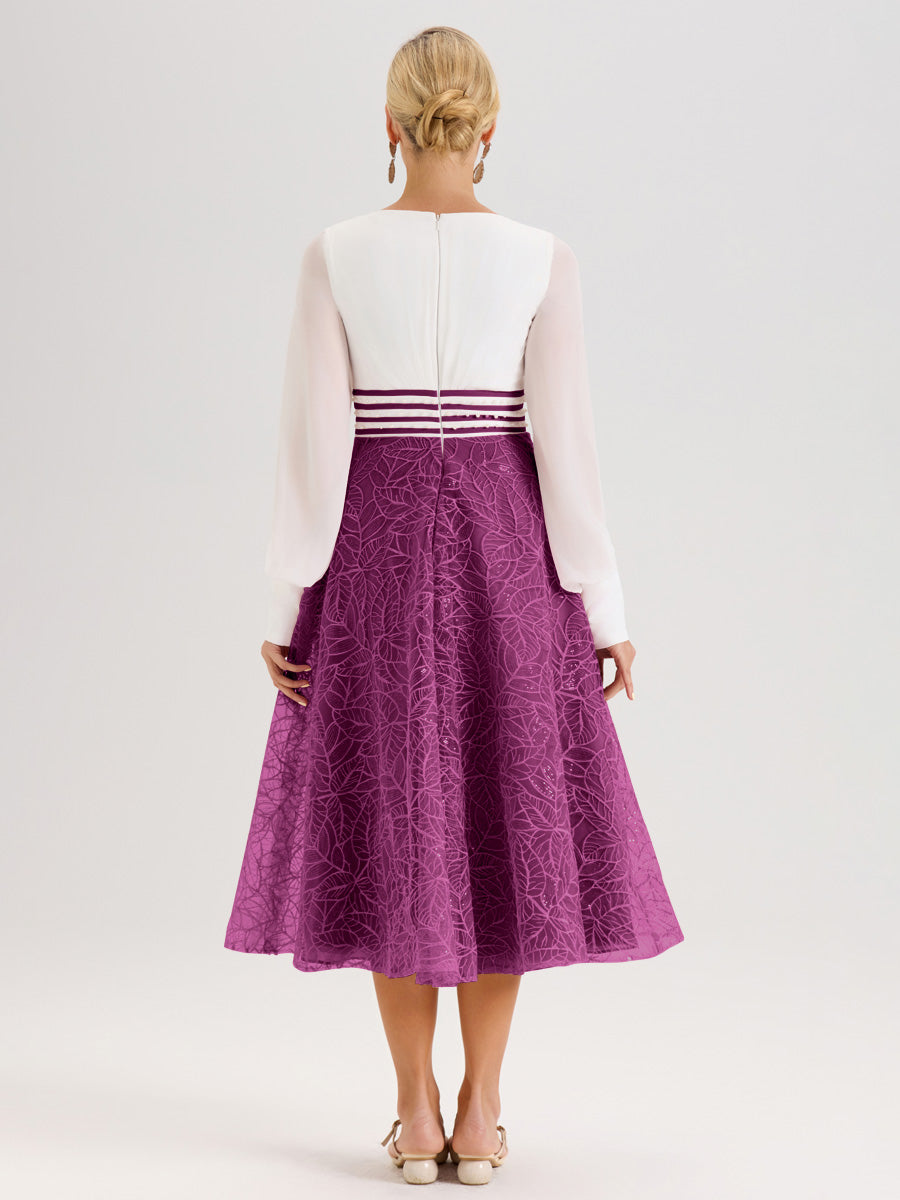 Cicinia Orchidée Robe Tendance Mère De La Mariée Col Ras Du Cou Manches Longues À Contraste En Mousseline Et Dentelle Longueur Mi-Mollet